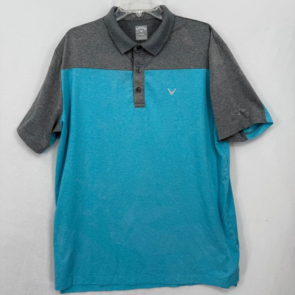Callaway Golf Polo Shirt Men's Large Gray Teal Blue Opti-Dri Short Sleeve Logo